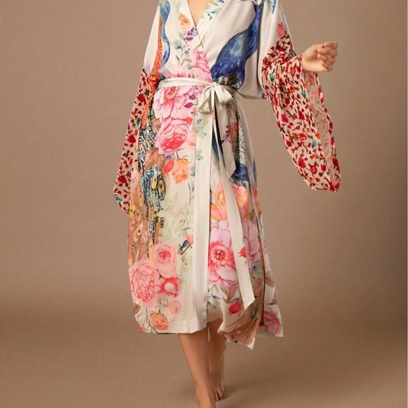 Women's Printed Beach Smock Peacock Pattern Printed Belt kimono robe - Picture 1 of 5